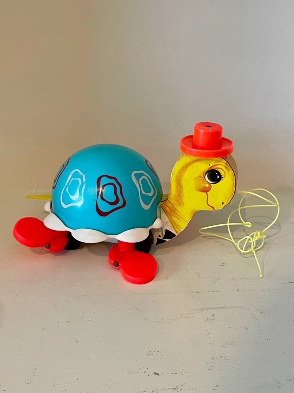 Vintage Fisher Price 1692 Tip Toe Turtle Pull Toy #773 Blue Yellow Retro